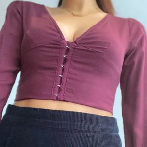 Dark Burgundy V-Neck Corset Style Long Sleeve Top